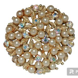 Vintage Estate AB Aurora Borealis Rhinestone Faux Pearl Brooch Leaf Accents